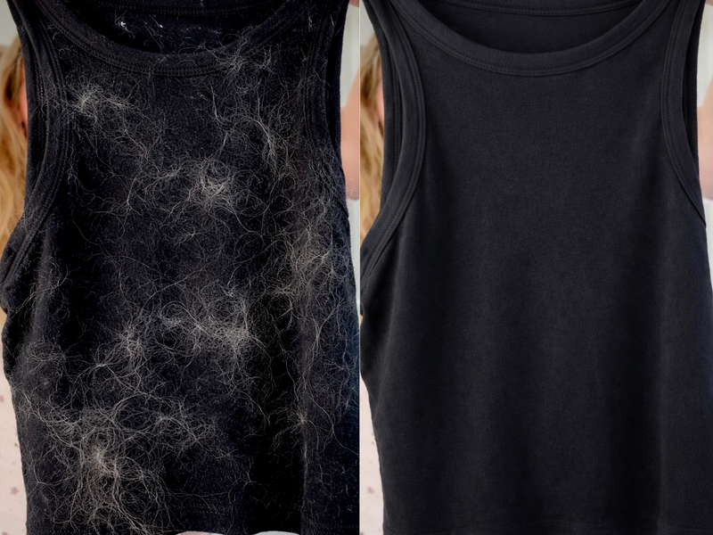 Before and After: What the Aura Did to a Pet Hair Covered Black Top.